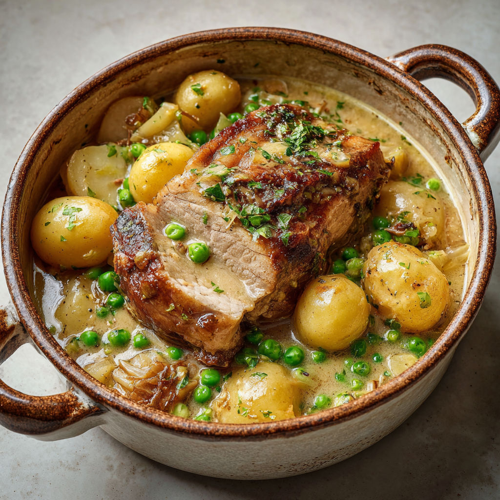 Rôti de porc aux pommes et petits pois, mijoté au cidre et nappé de crème.