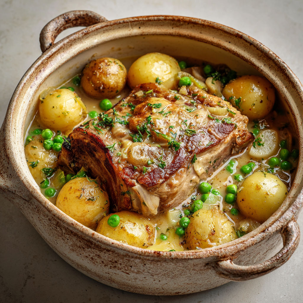 Porc braisé aux pommes Granny Smith, pommes de terre et petits pois, une recette sucrée-salée réconfortante.