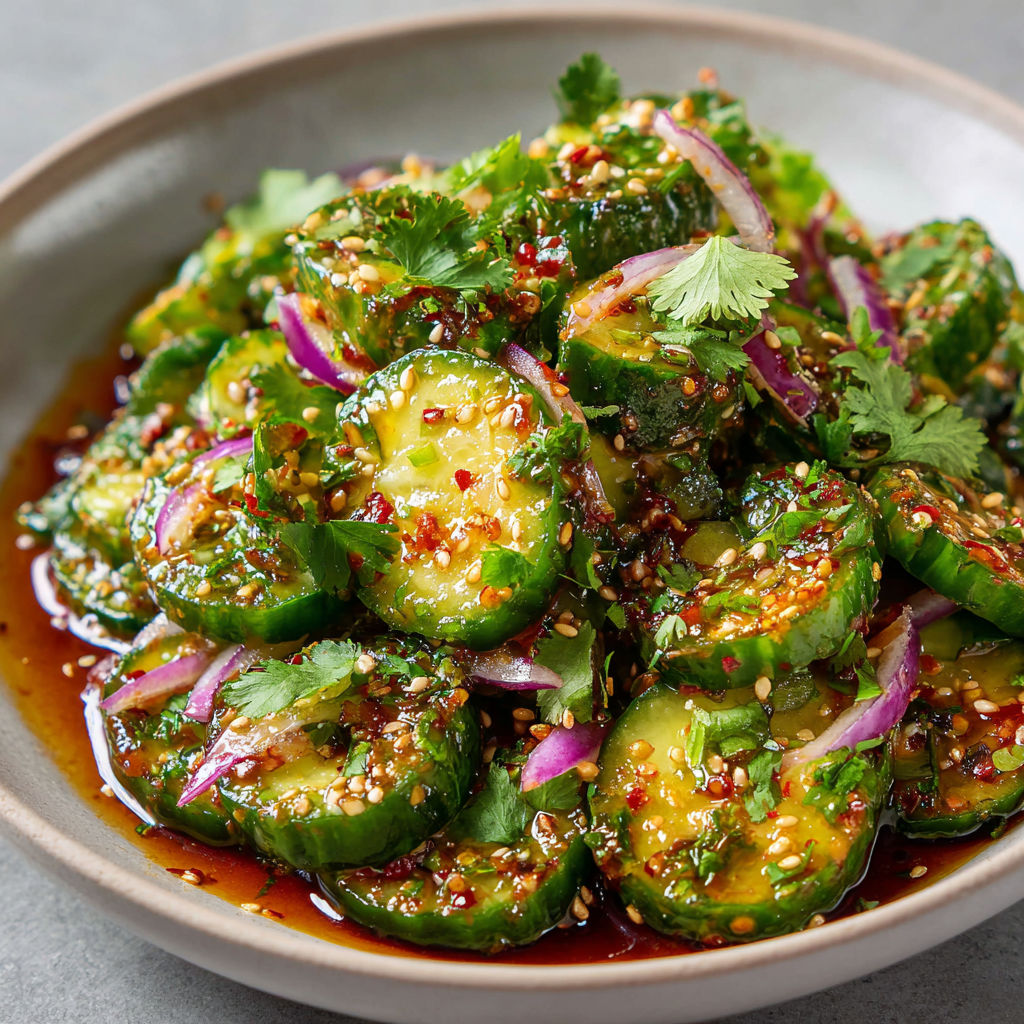 Une salade de concombre à l'asiatique est servie dans un bol.