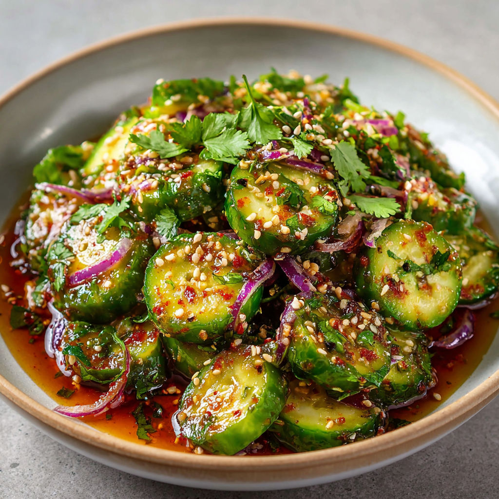 Salade de concombre à l’asiatique croquante et ultra fraîche, relevée au gochujang, sauce soja et huile de sésame.
