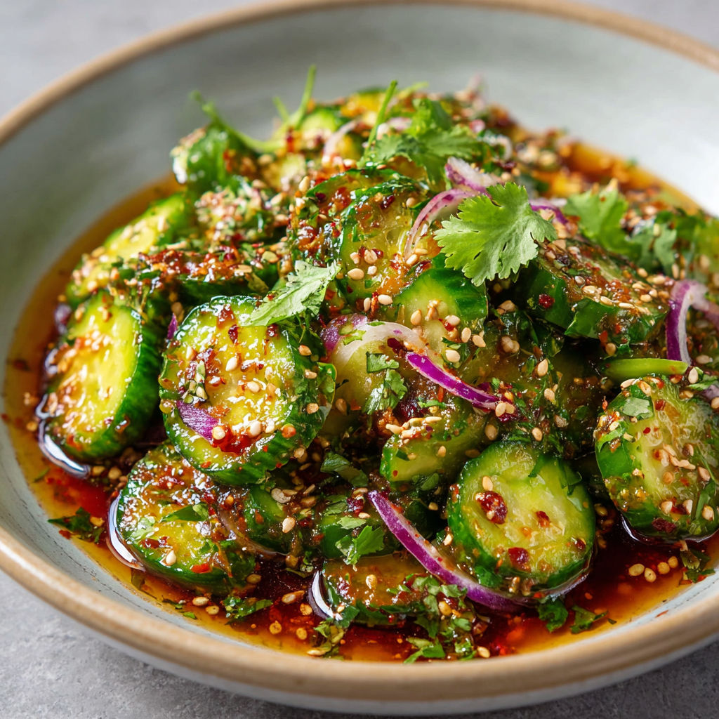 Concombres marinés façon coréenne avec oignon rouge et coriandre, une salade piquante, acidulée et parfumée au citron vert.