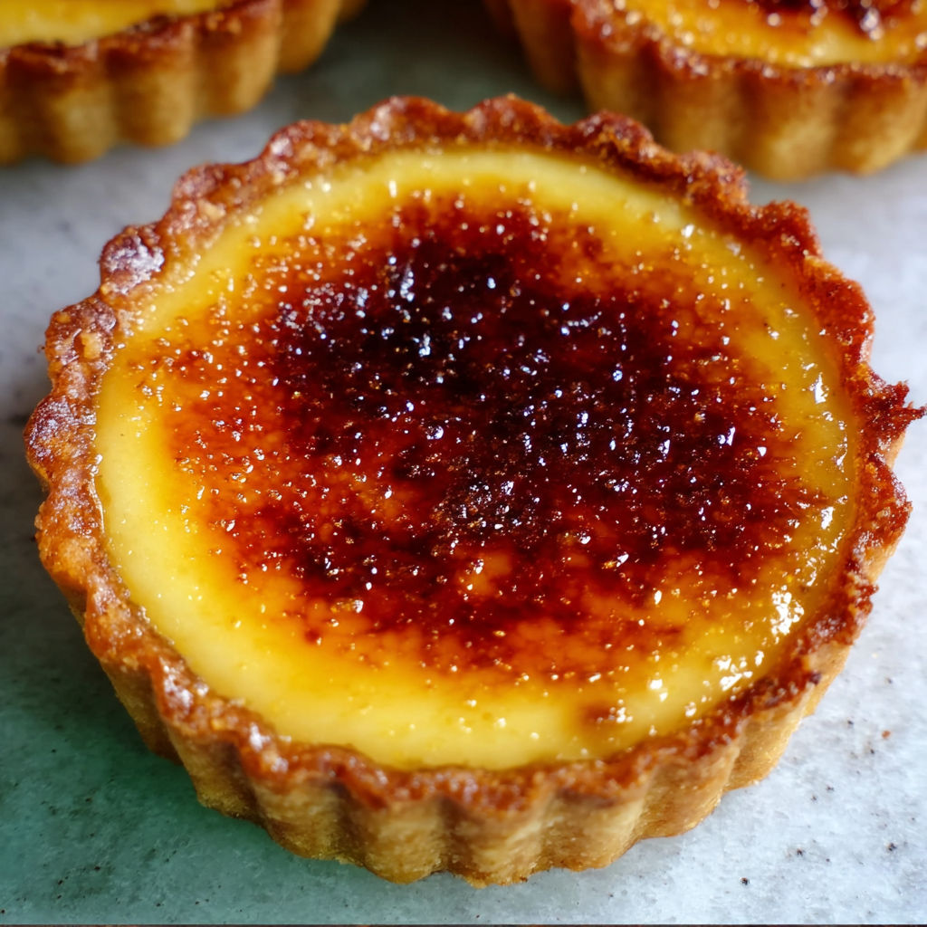 Une tartelettes crème brûlée chaude et brûlante, avec une caramelisation dorée et une crème sucrée.