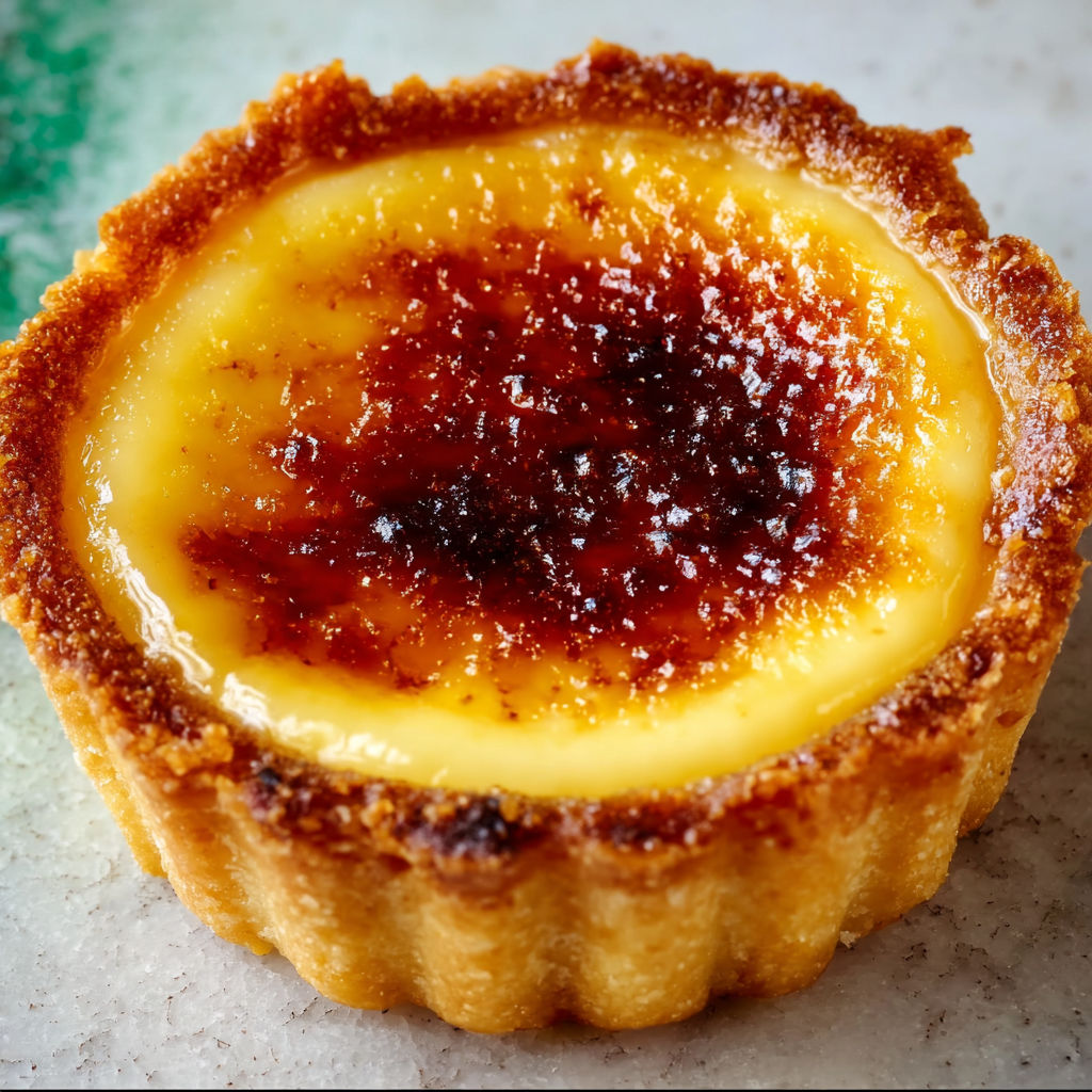 Tartelettes façon crème brûlée, avec une pâte sablée croustillante et une crème vanillée onctueuse caramélisée au sucre cassonade.
