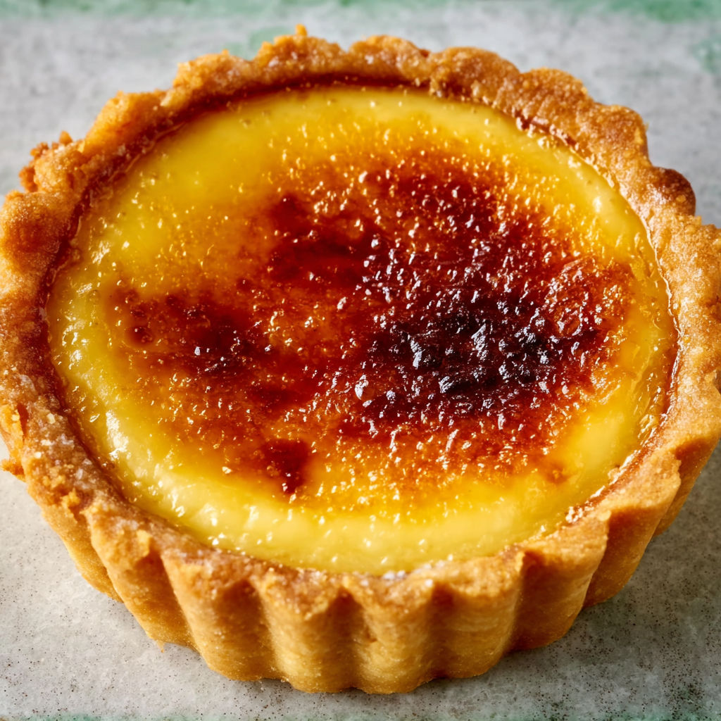 Petites tartelettes gourmandes à la crème brûlée, alliance d’un fond sablé doré et d’un cœur crémeux délicatement caramélisé.