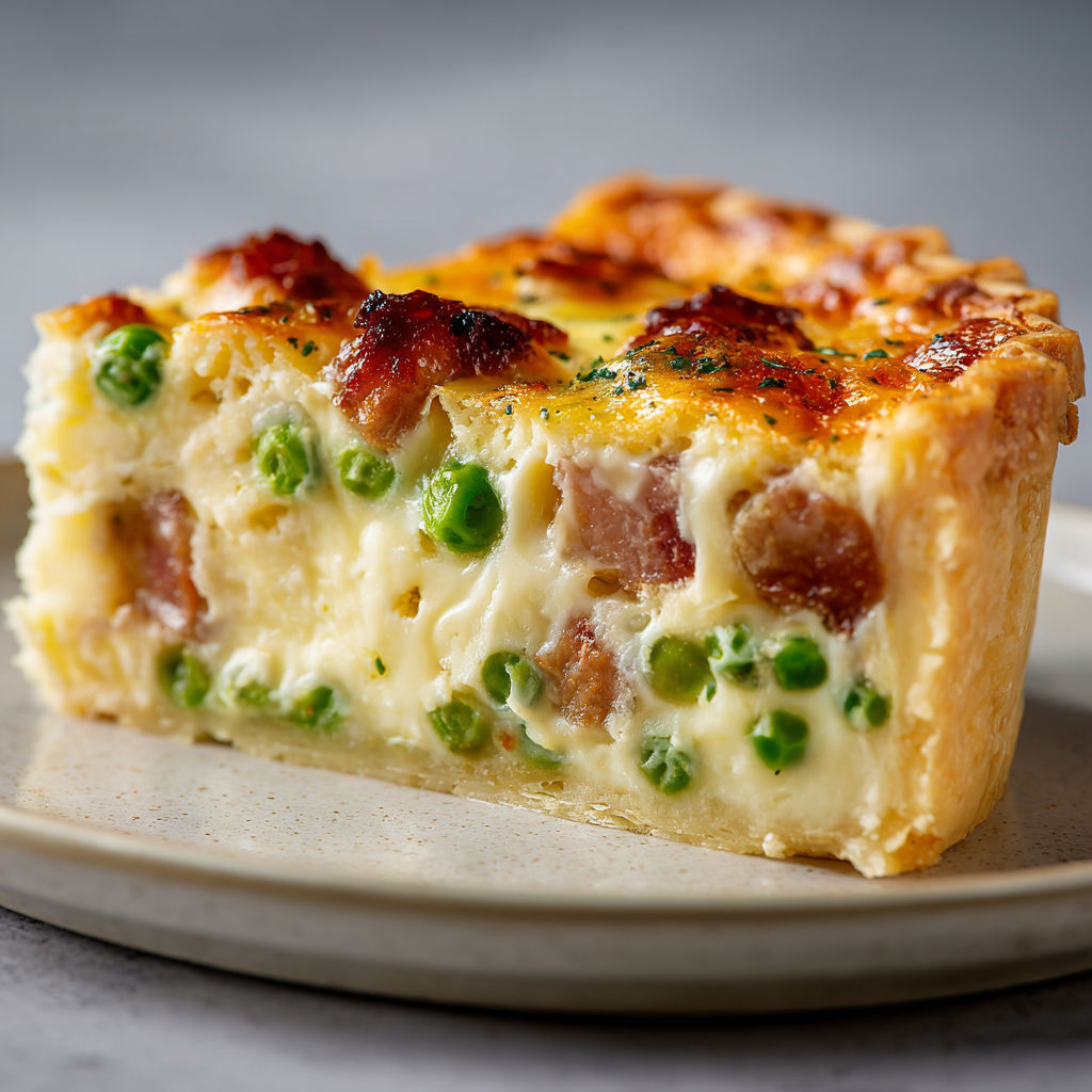 Une quiche aux petits pois et au lard fumé est servie sur un plateau.