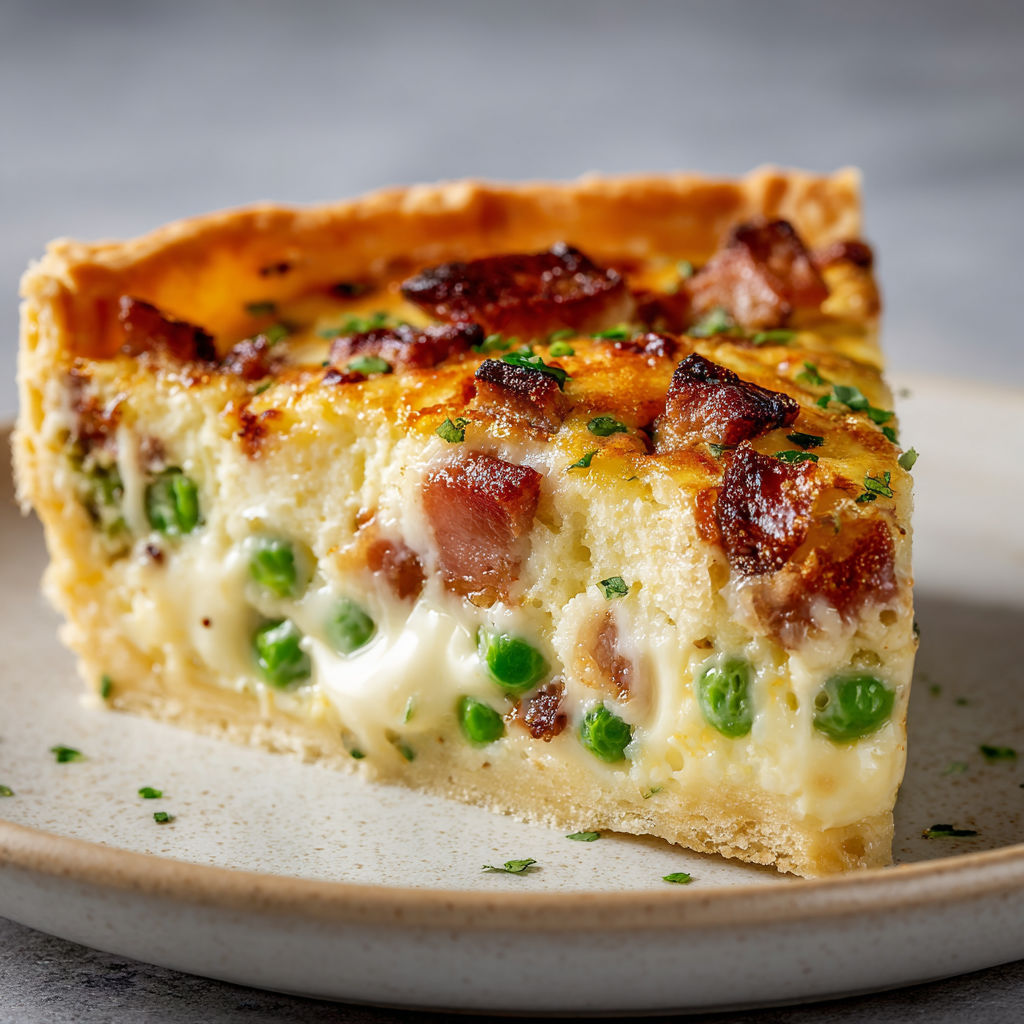 Quiche aux petits pois et lard fumé, une tarte salée généreuse au goût rustique et crémeux.