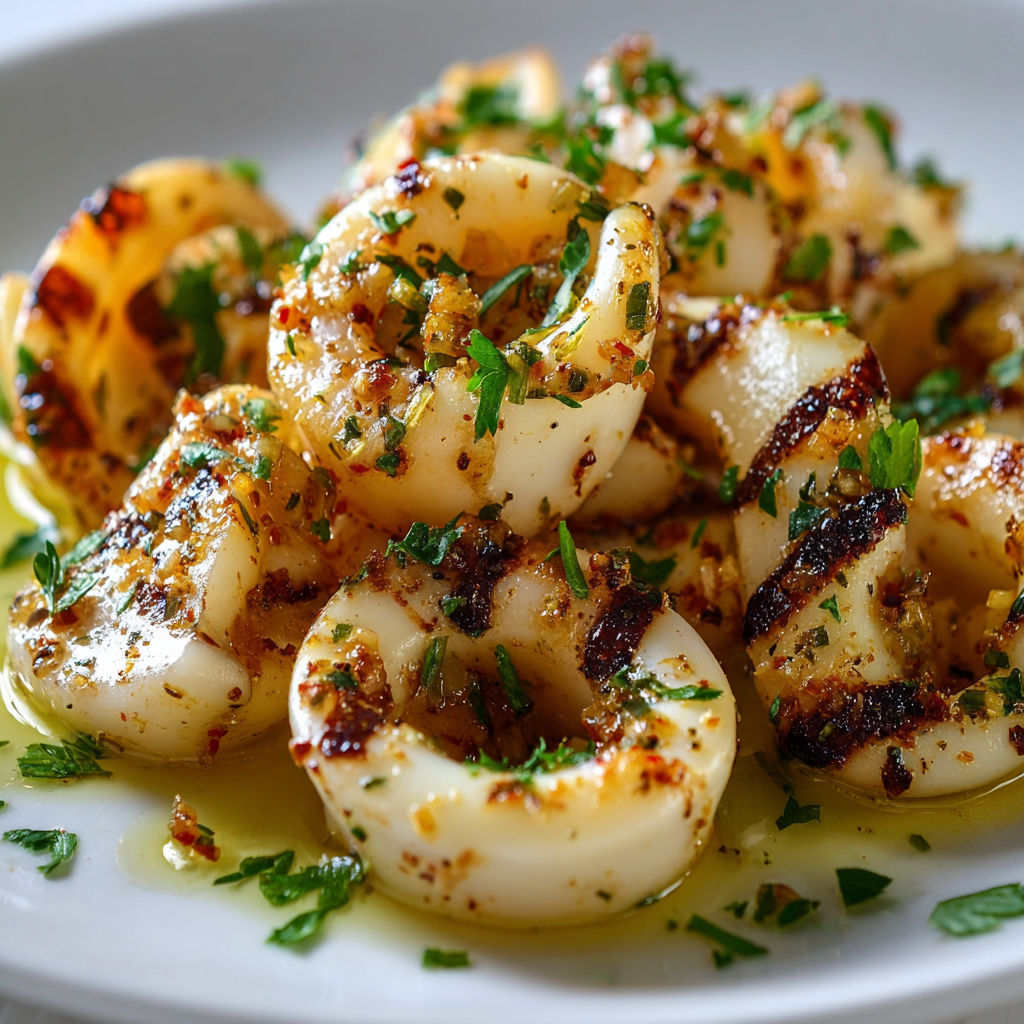 Une plaque de porcelaine avec des calamars grillés au citron et à l'ail.