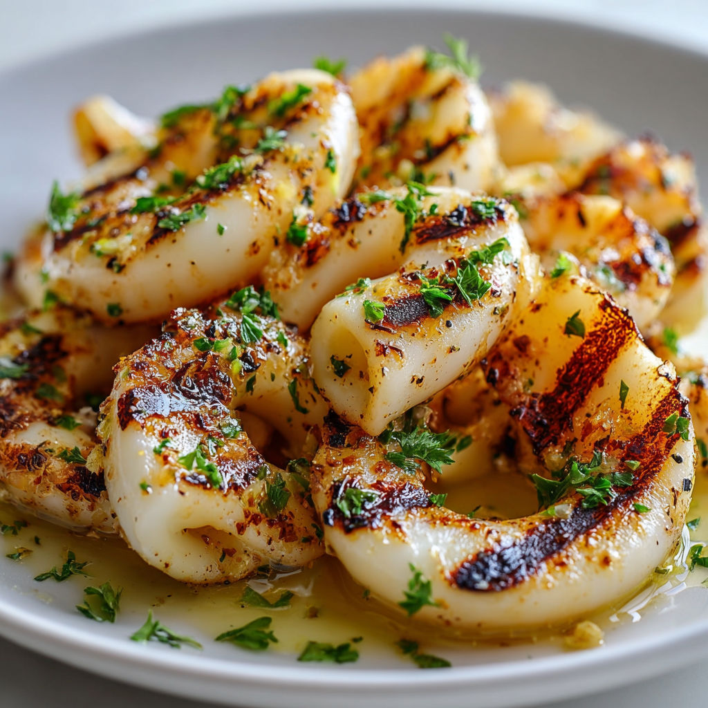 Calamars grillés au citron et à l’ail, marinés puis saisis au grill pour une texture tendre et légèrement croustillante.