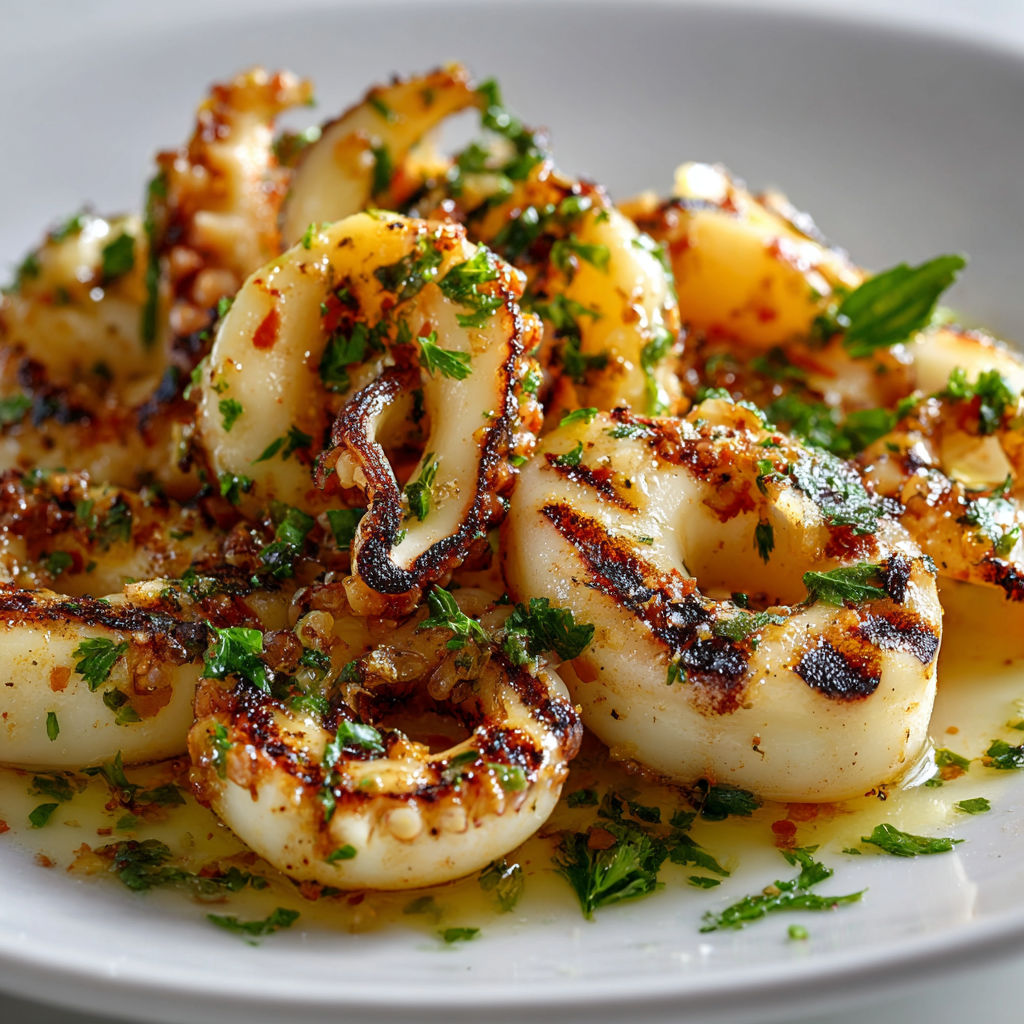Calamars dorés à la poêle-gril, parfumés à l’ail, citron et paprika doux, relevés d’huile d’olive et de persil frais.