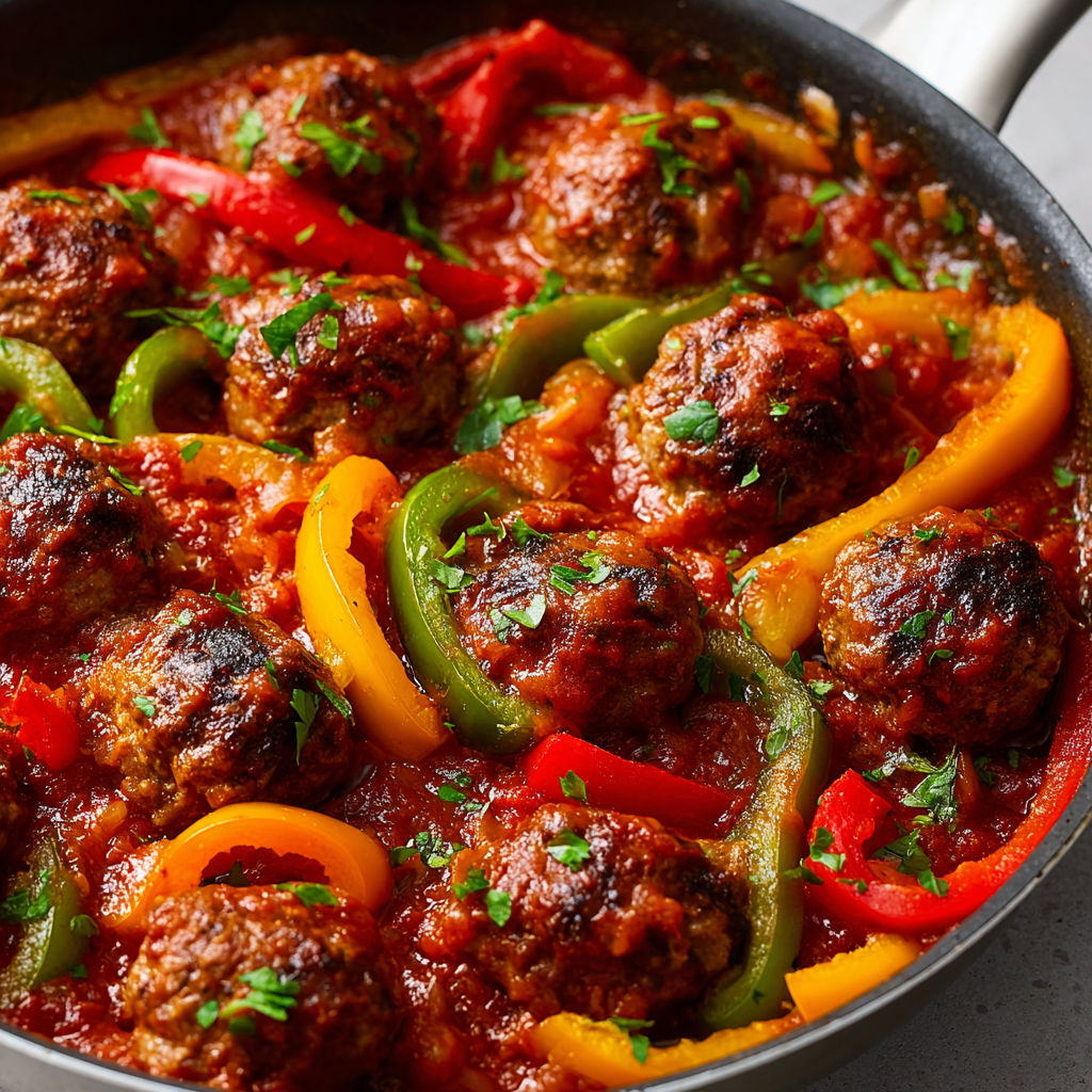 Boulettes dorées en sauce tomate aux trois poivrons, fondantes et parfumées aux herbes fraîches et vinaigre balsamique.
