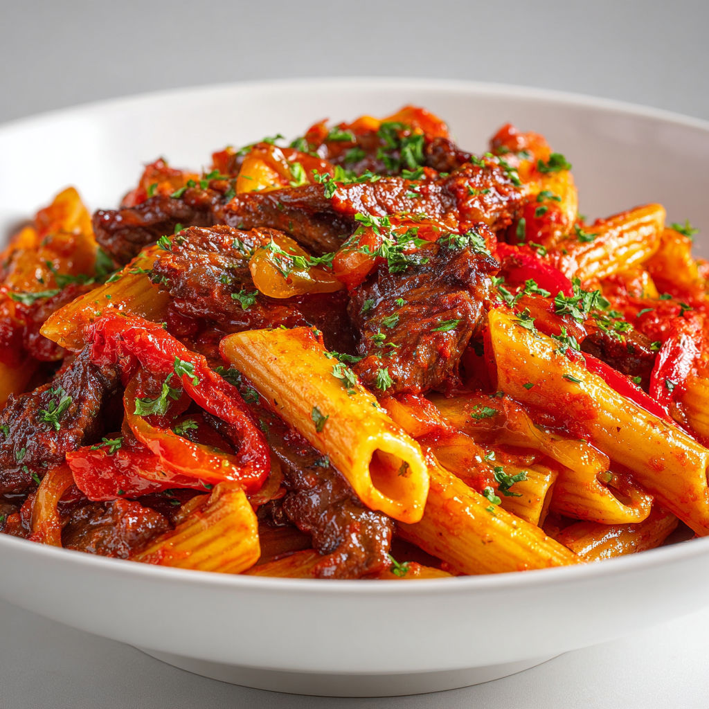 Pâtes au steak et poivrons sautés, un plat rapide et intense aux saveurs de sauce soja, paprika et légumes grillés.