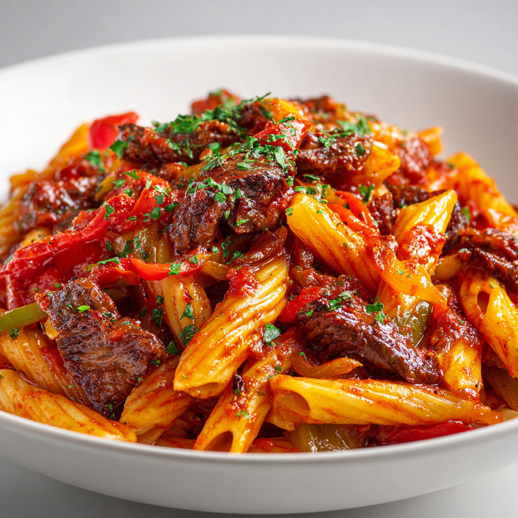 Wok de pâtes au bœuf et poivrons colorés, viande saisie à feu vif et légumes fondants parfumés à l’ail.