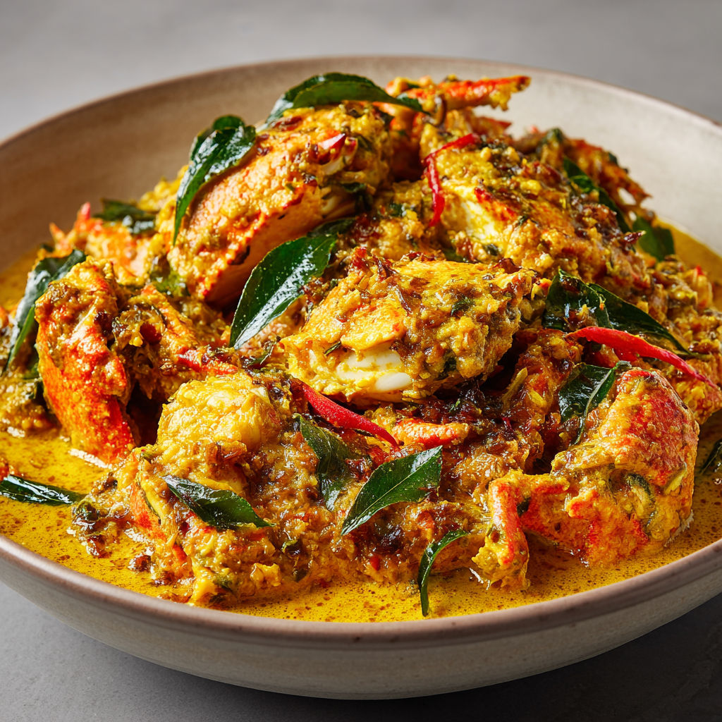 Crabe mijoté dans une pâte de coco et d’épices, relevé de gingembre, piments et feuilles de curry pour une explosion de saveurs.