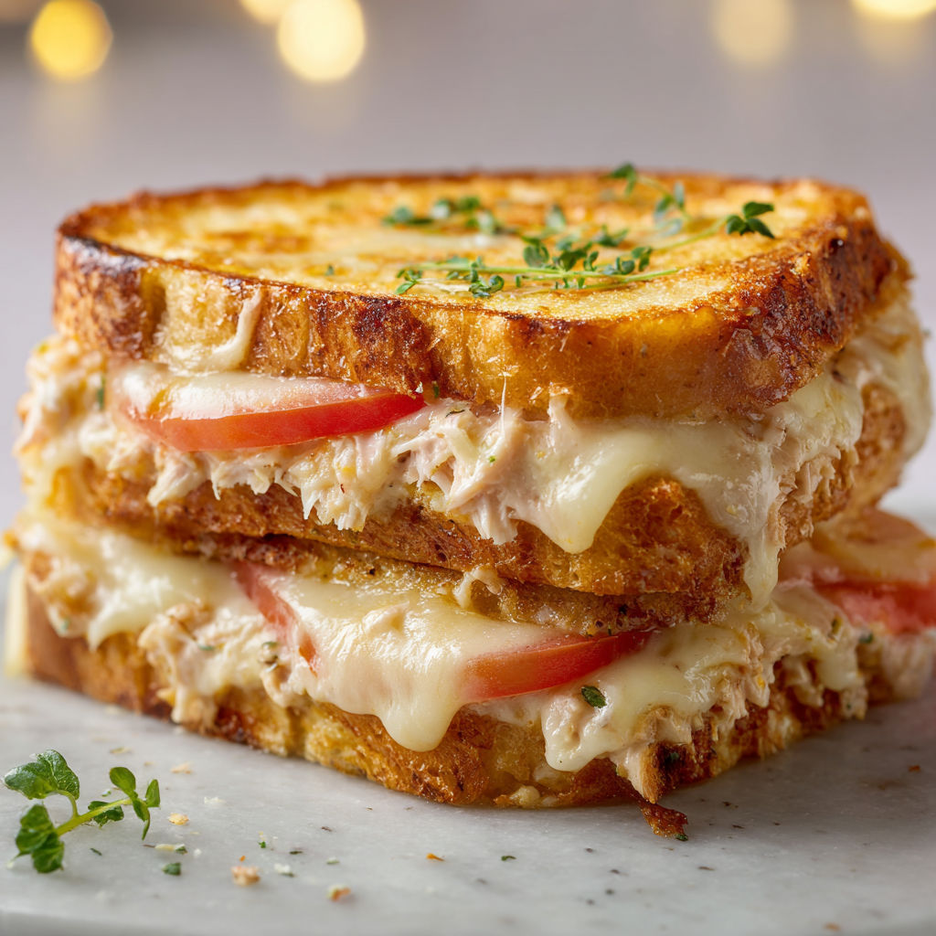 Croque au thon et Vache qui rit, croustillant à l’extérieur et ultra fondant à cœur avec tomate et fromage gratiné.