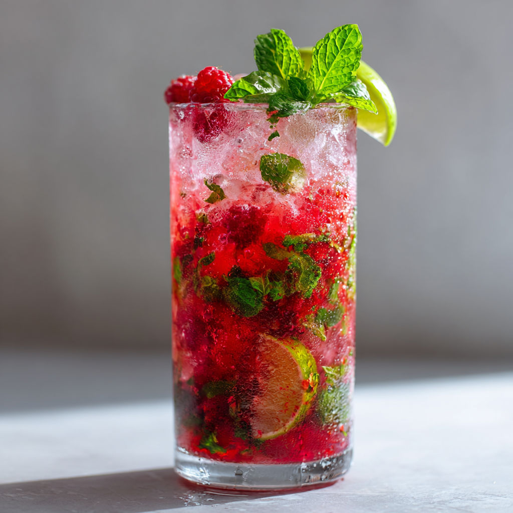 Un verre de mojito à la framboise, prêt en 5 minutes.