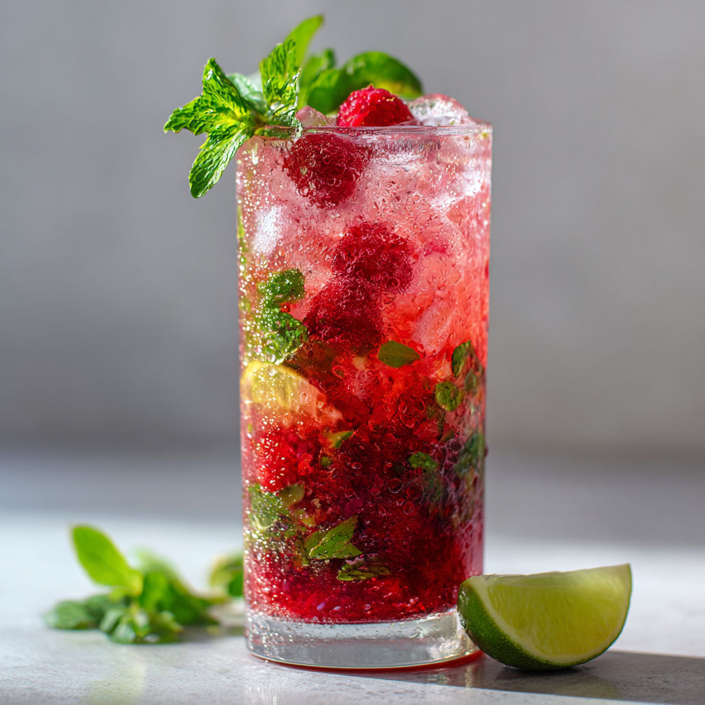 Un verre de mojito à la framboise est prêt en 5 minutes.