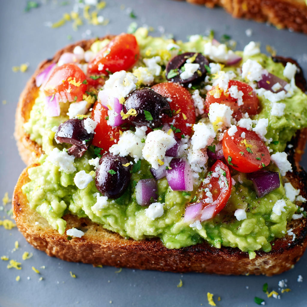 Toast à l’avocat style méditerranéen, relevé de citron, oignon rouge, tomates et feta émiettée.