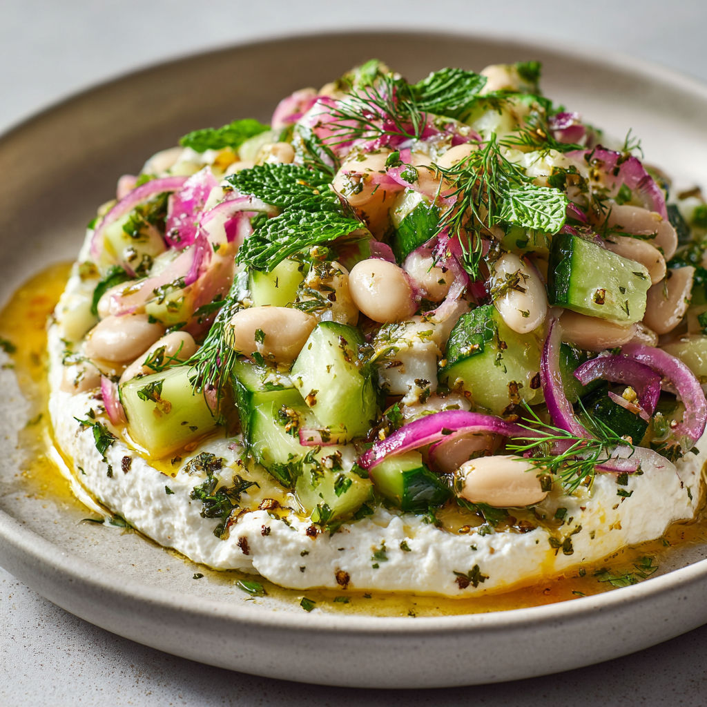 Une salade de concombres, haricots et feta, servie sur un plateau en argent.