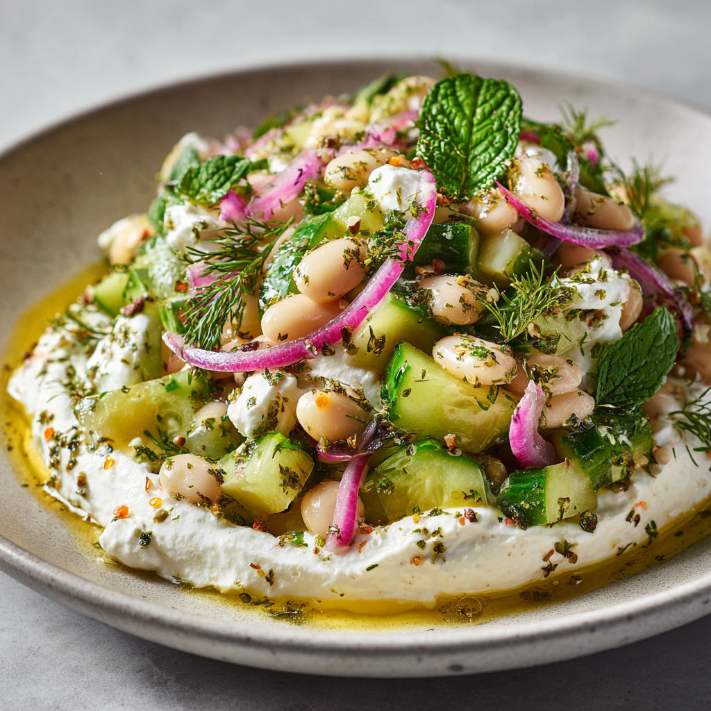 Salade fraîche de concombres, haricots blancs et feta, relevée d’herbes et servie sur une crème onctueuse.