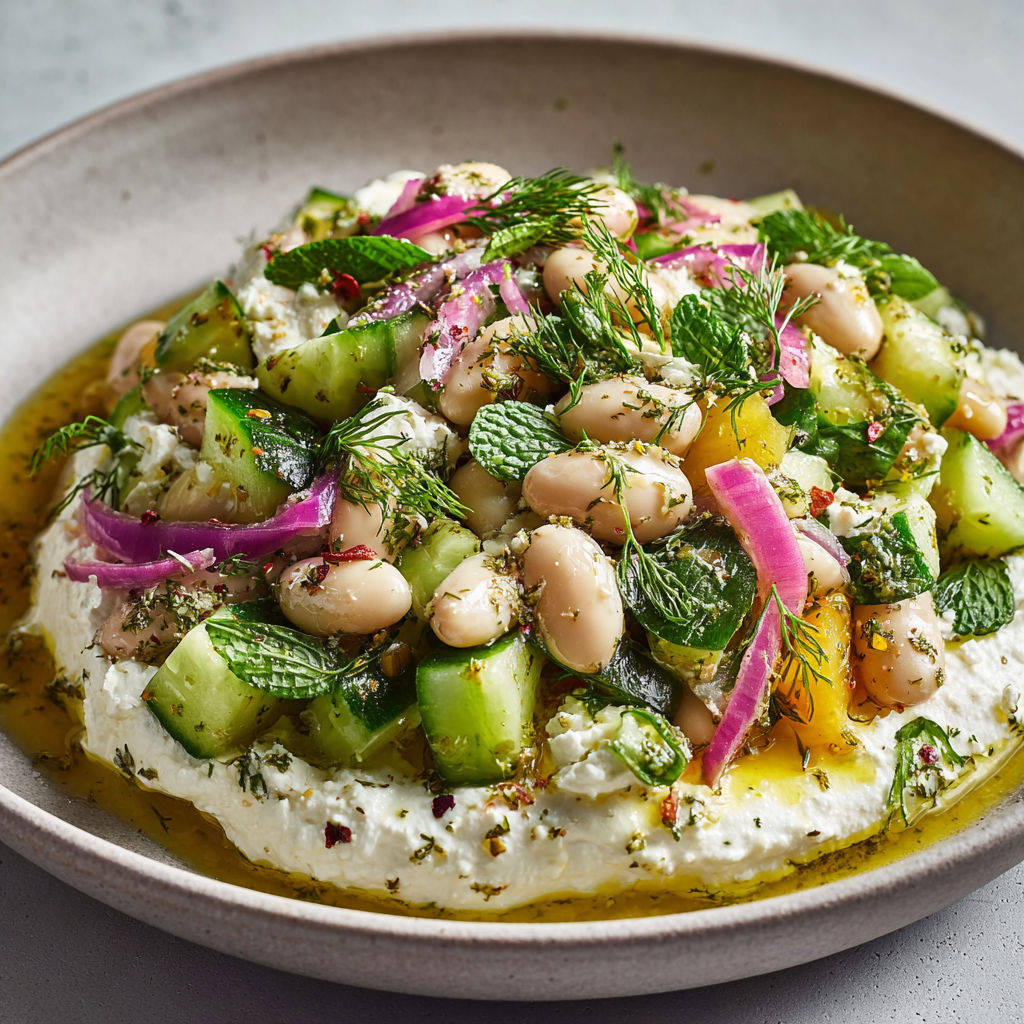 Salade estivale croquante au concombre et haricots, nappée d’une crème de feta et d’une vinaigrette parfumée au zaatar.