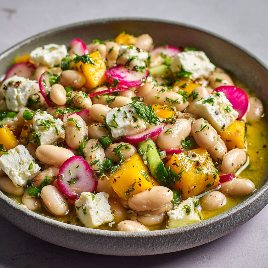 Une salade de haricots borlotti, feta et mangue est servie dans un bol en acier.