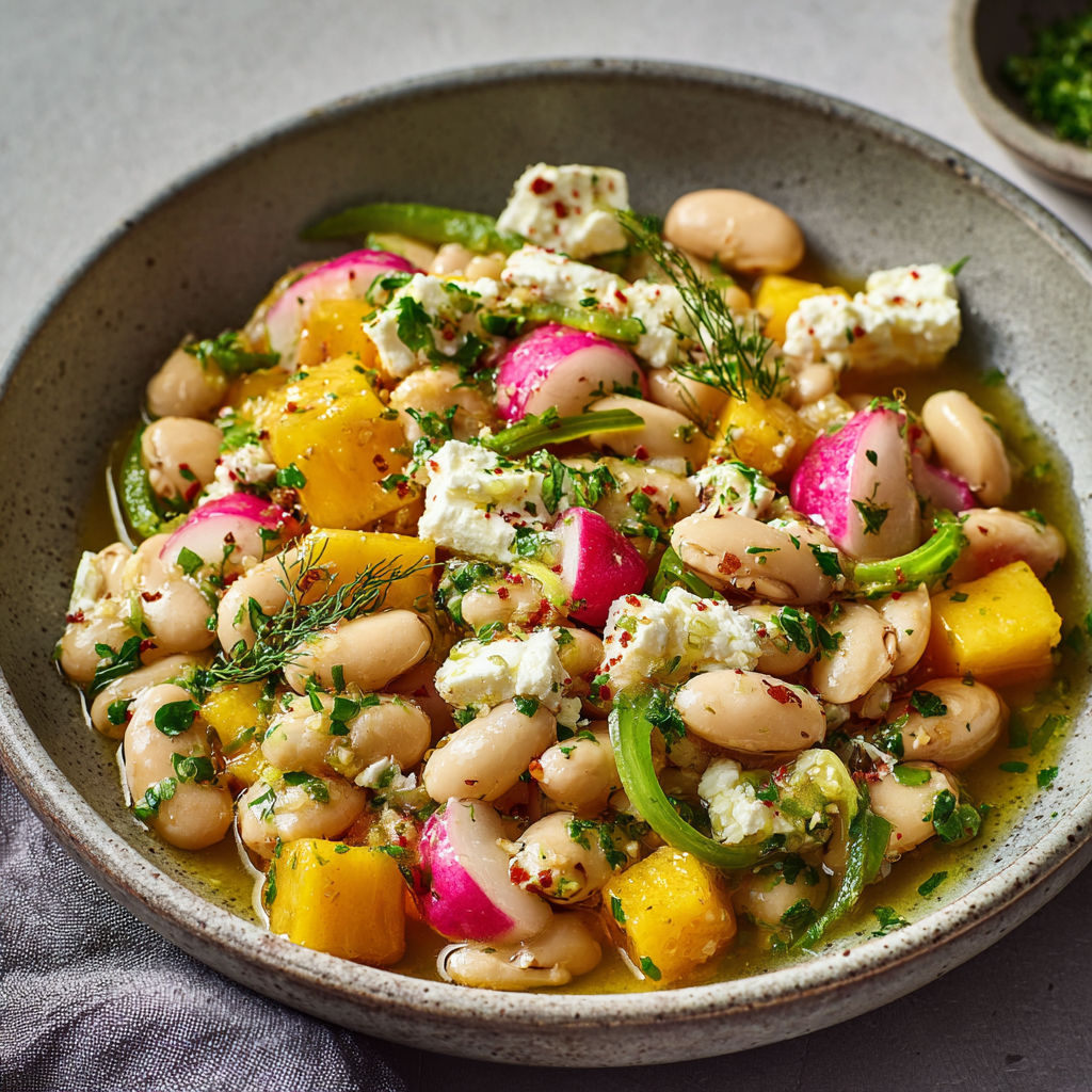 Salade de haricots borlotti, feta et mangue, un mélange sucré-salé frais et coloré.