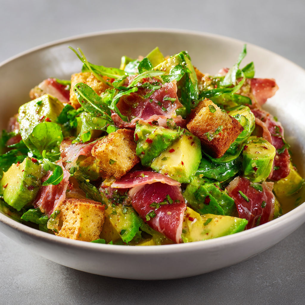 Une salade de jambon et avocat, servie dans un bol.