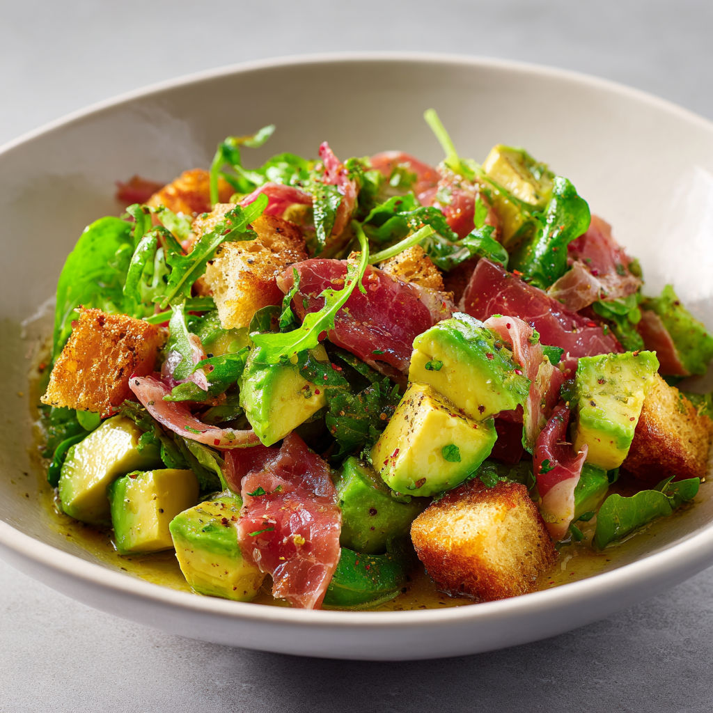 Salade avocat et jambon de Parme, fraîche et gourmande, avec croûtons dorés et touche citronnée.
