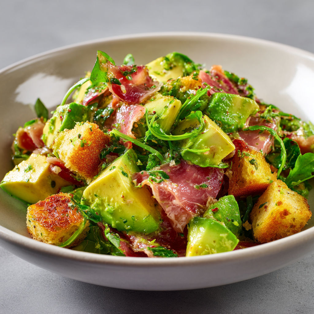 Salade estivale à l’avocat et prosciutto, mêlant douceur, croquant et saveurs méditerranéennes.