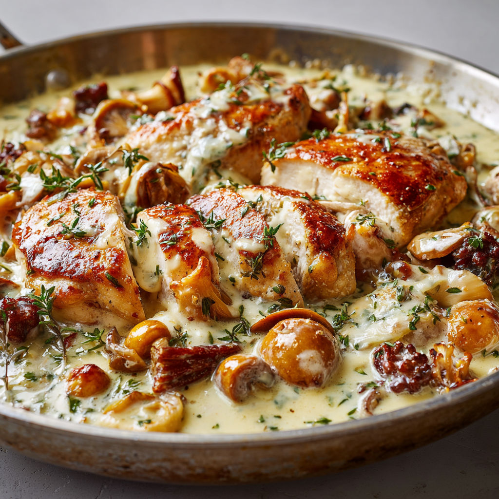 Un plat de poulet, girolles et chanterelles, servit dans un bol en métal.