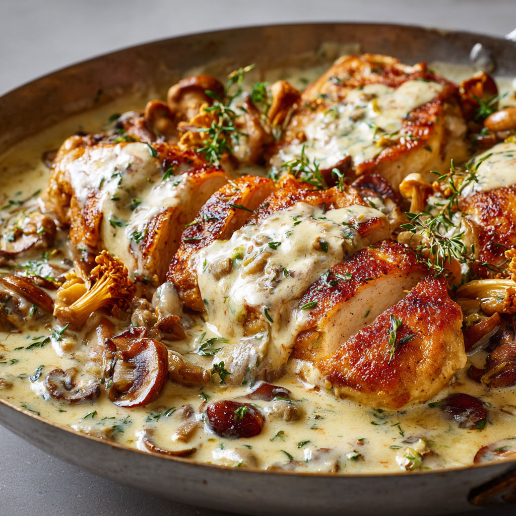 Poulet crémeux aux girolles et chanterelles, une recette raffinée aux champignons sauvages et parmesan fondant.