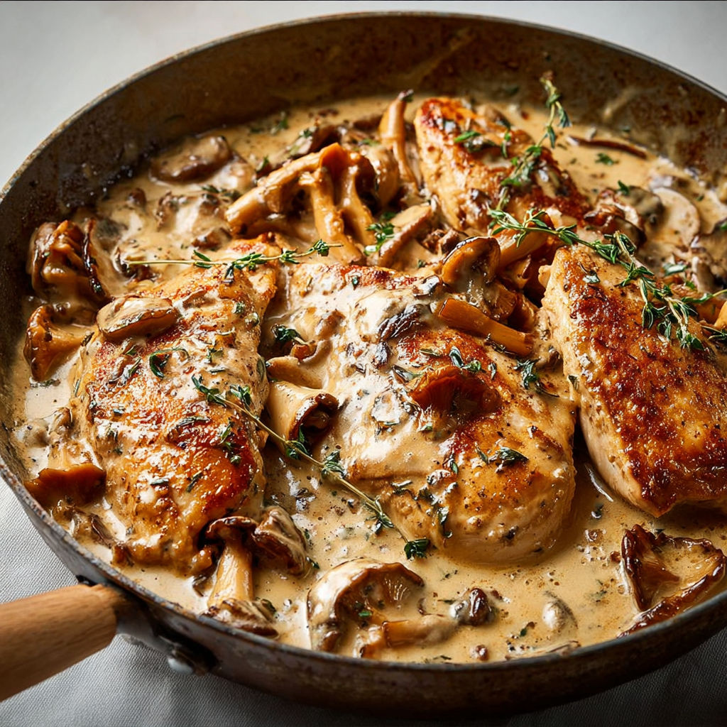 Blancs de poulet mijotés aux champignons et herbes, nappés d’une sauce onctueuse à la crème et au parmesan.