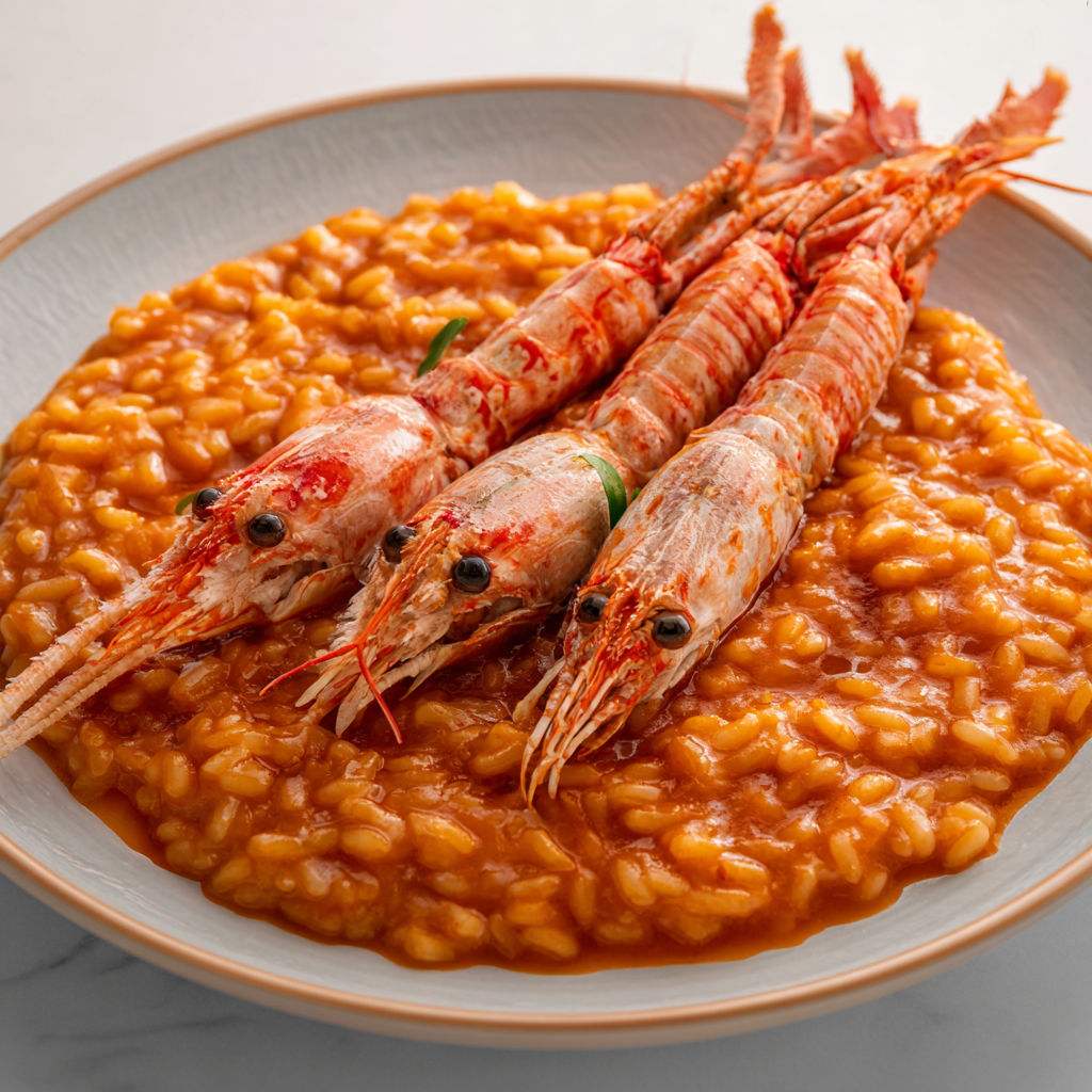Une plate de risotto aux langoustines, avec des langoustines rouges et des pâtes, est servie sur un plateau.