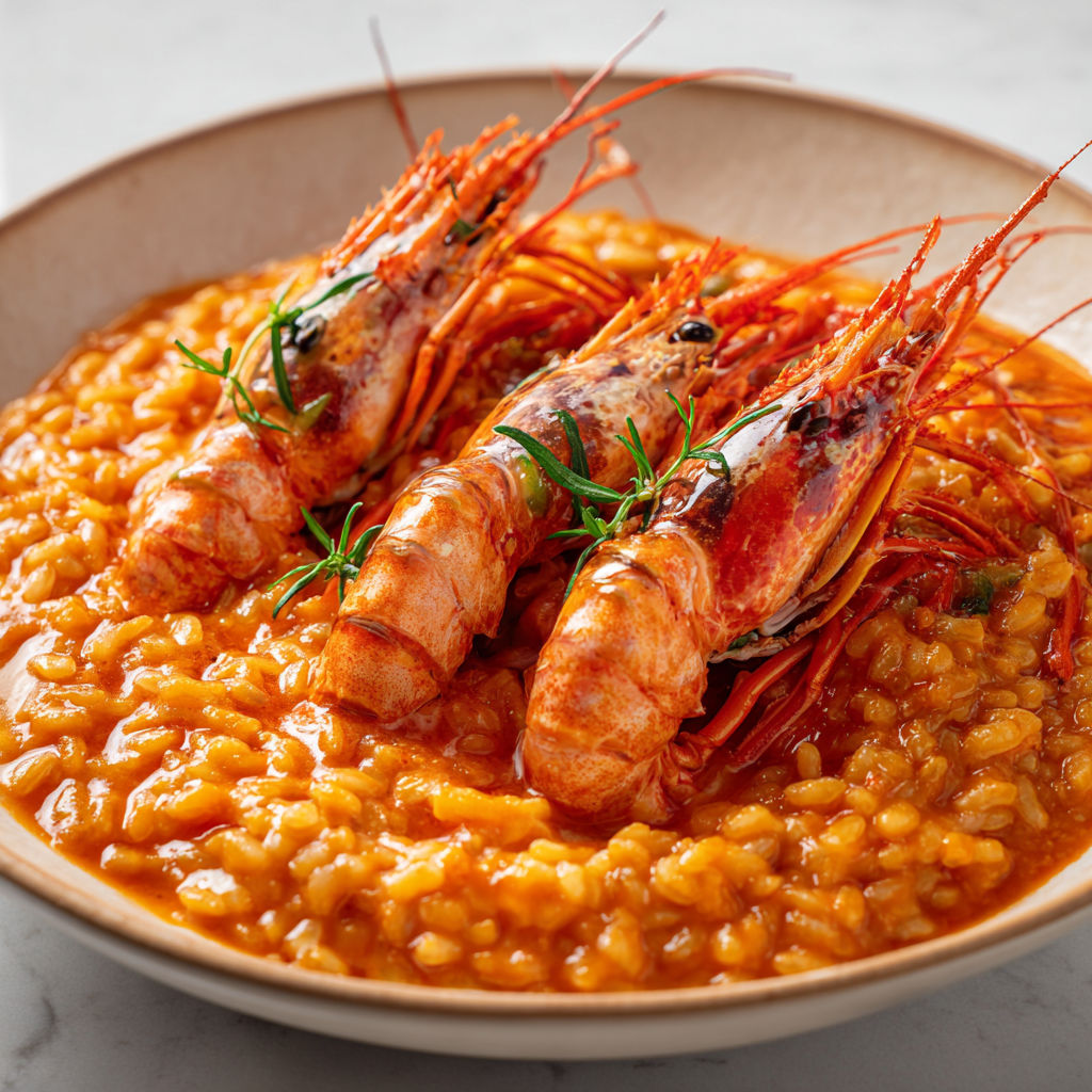 Risotto crémeux aux langoustines, un plat raffiné où le riz arborio rencontre la douceur de la tomate et du parmesan.