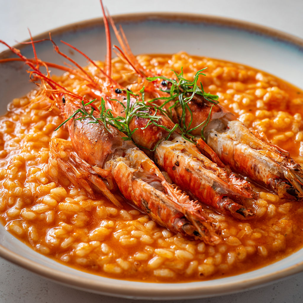 Risotto aux langoustines fondantes, cuisiné au vin blanc et bouillon de poisson, avec une texture onctueuse et parfumée.