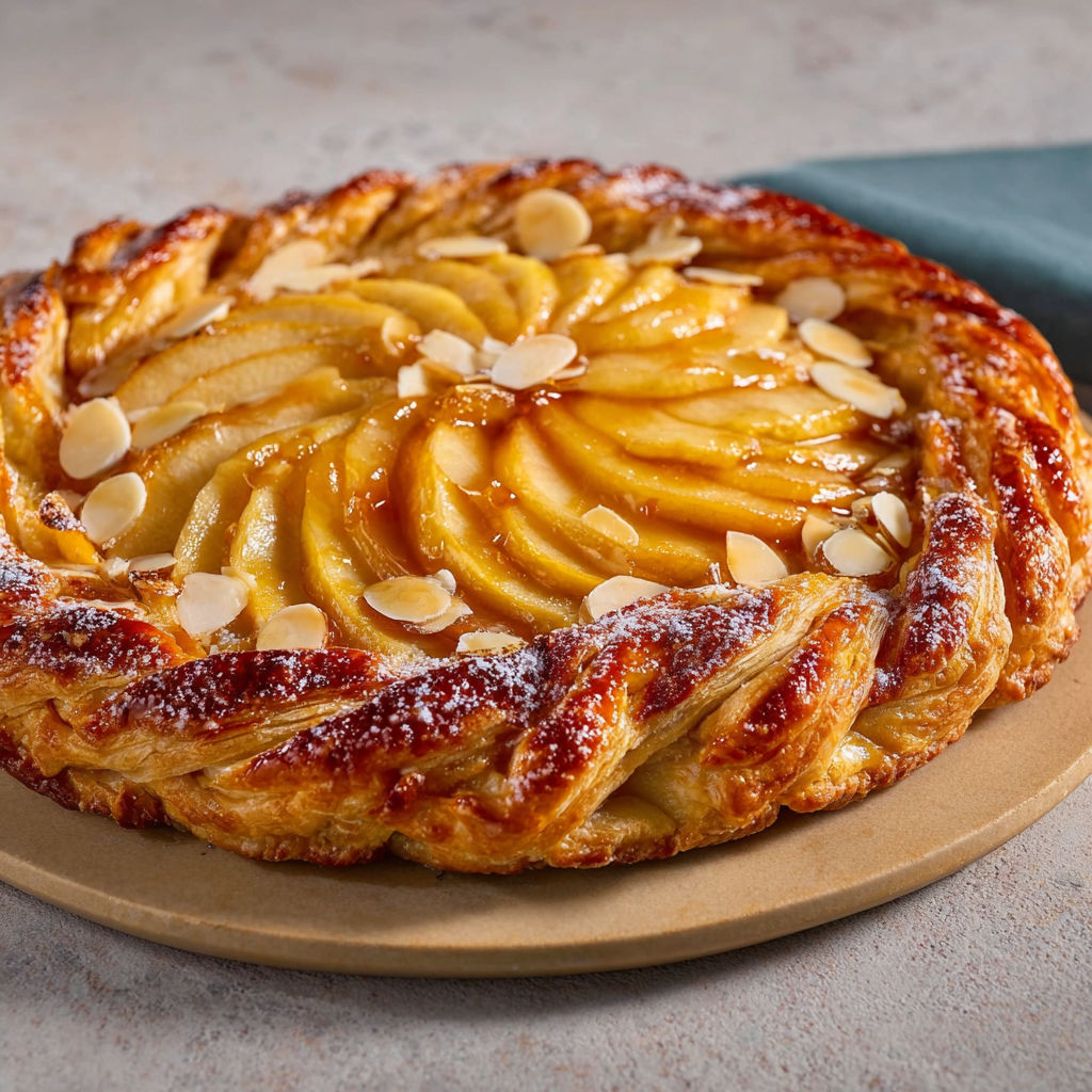 Tarte aux pommes maison à la pâte tressée, brillante à l’abricot et décorée d’amandes effilées.