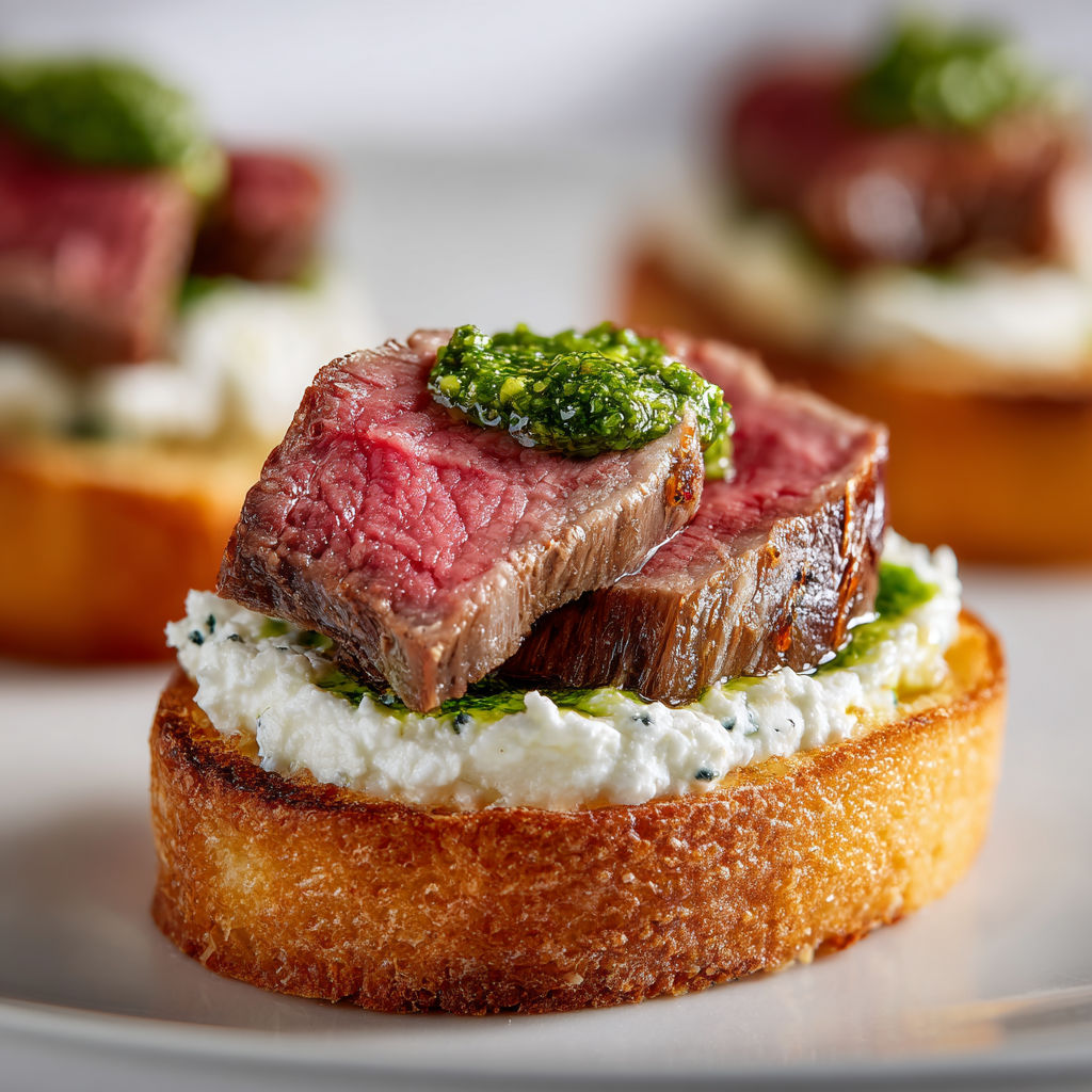 Une tartine de bœuf tendon croûte avec une crème de chèvre fraîche et pesto.