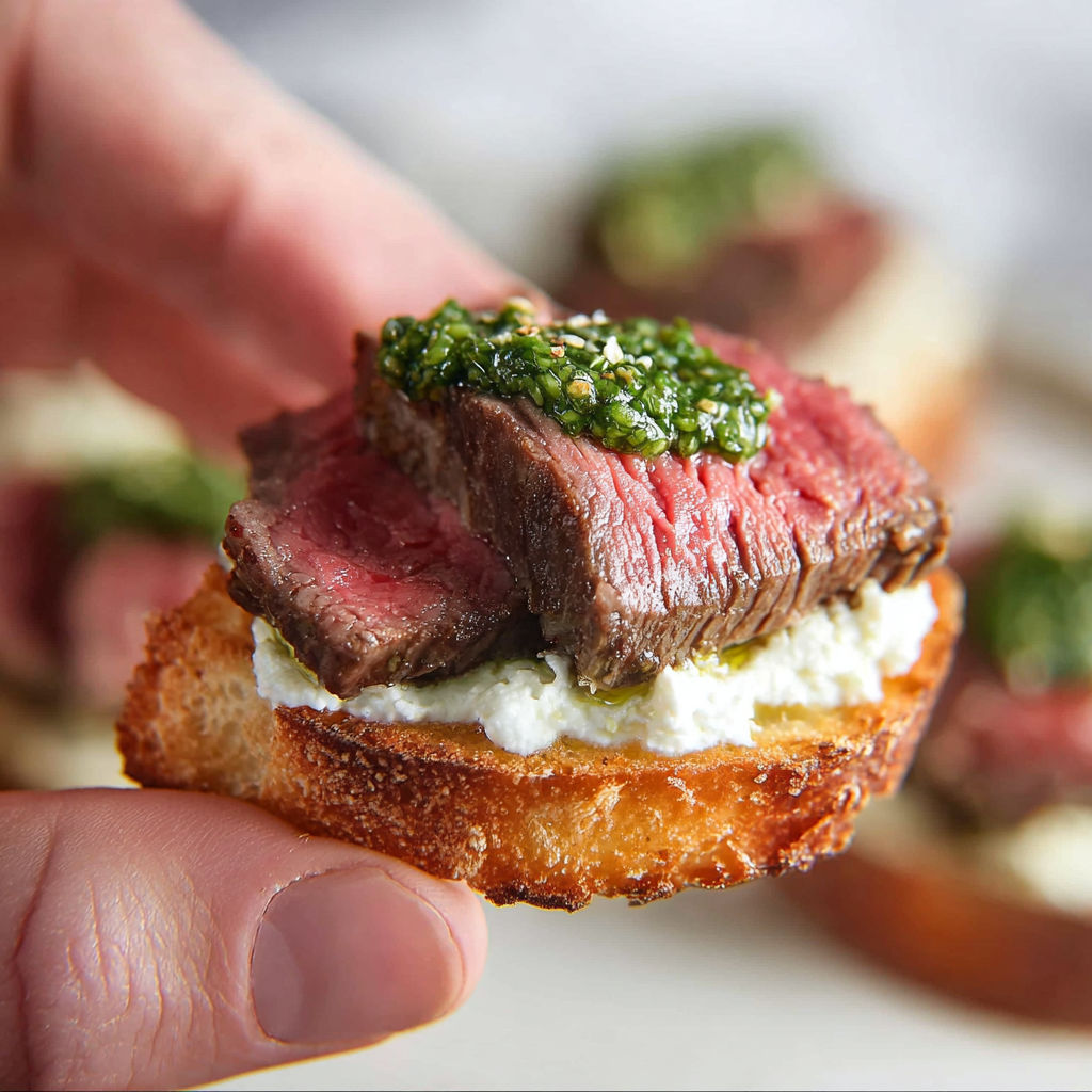 Crostini au bœuf tendre, fromage de chèvre fouetté et pesto, une bouchée raffinée et gourmande.