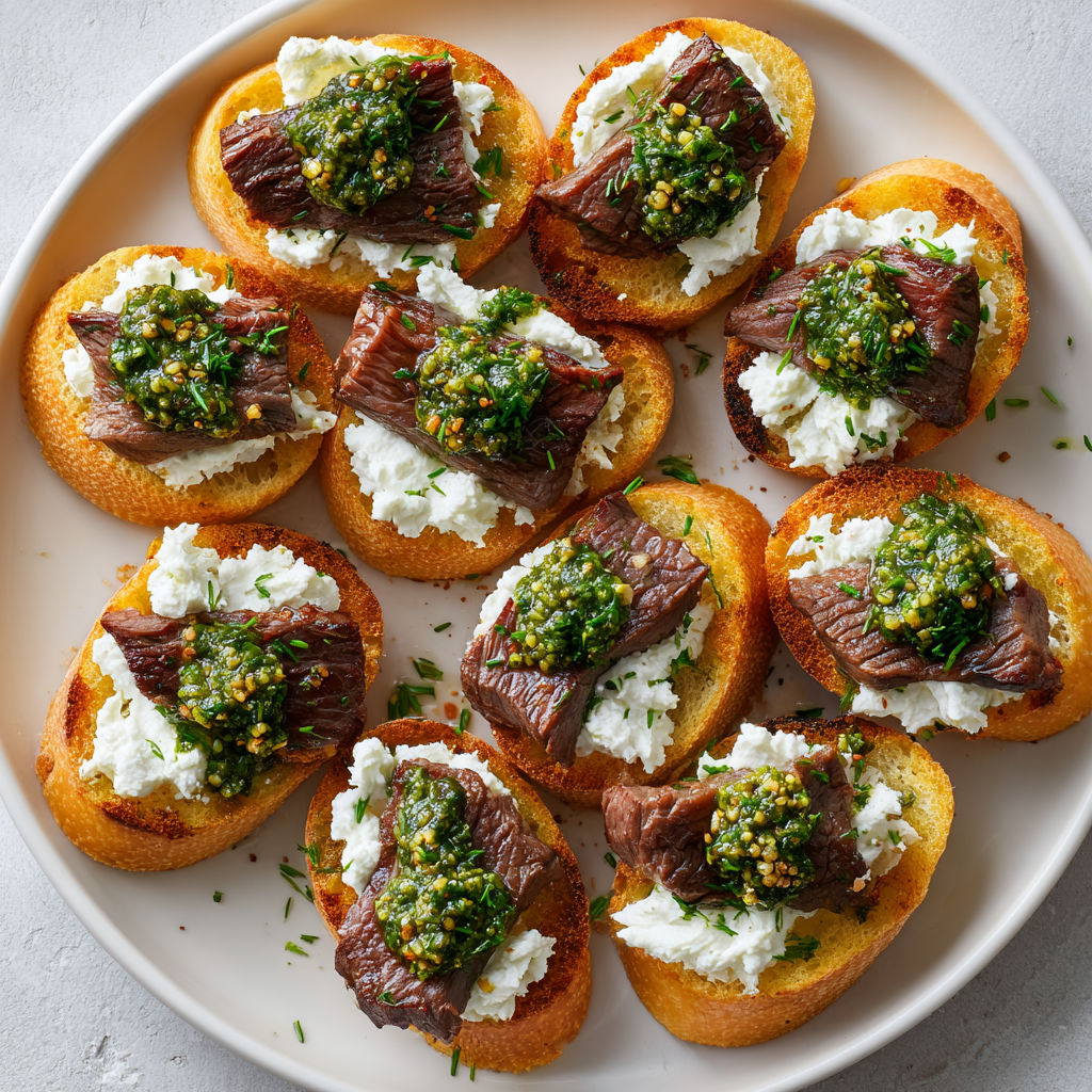 Toast croustillant garni de filet de bœuf saisi, crème de chèvre légère et touche de pesto parfumé.
