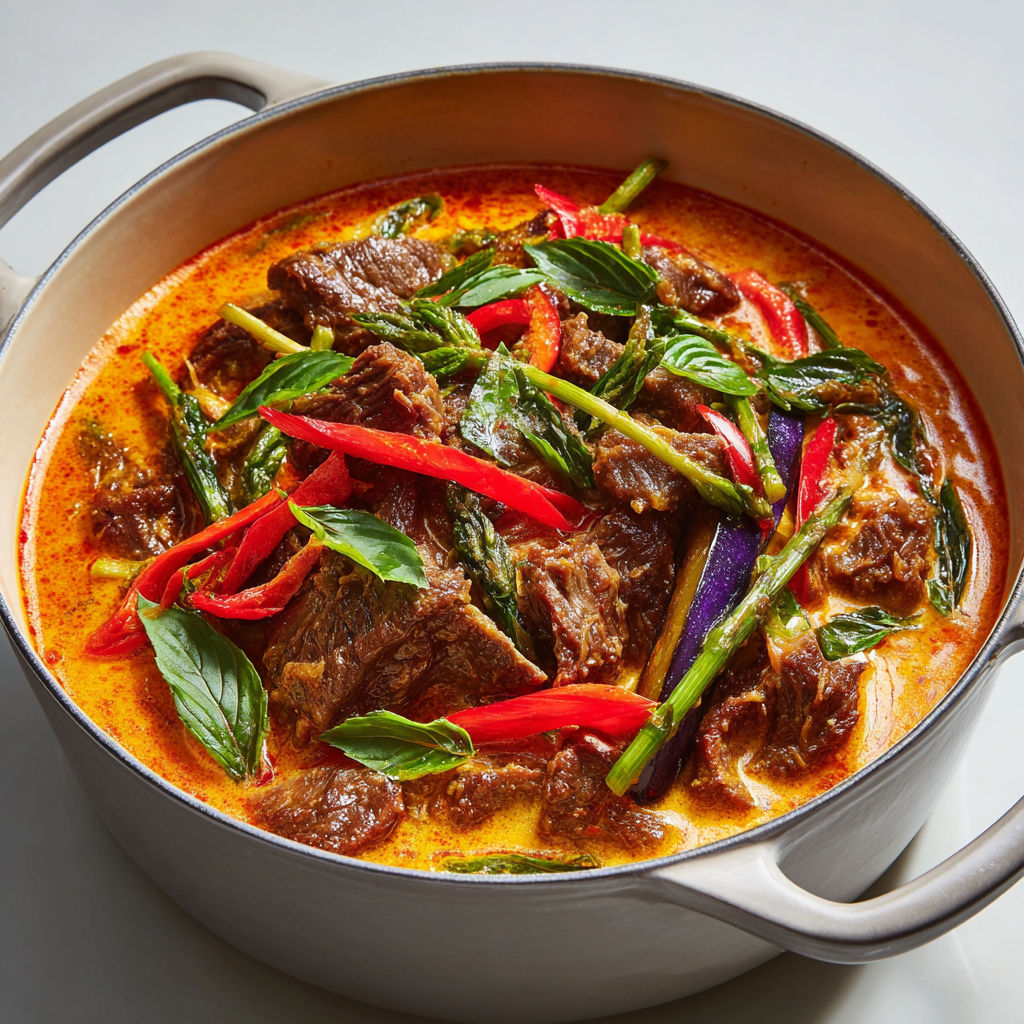 Un plat de boeuf braisé au cari rouge, avec des légumes verts et des épices, est servie dans un bol en métal.