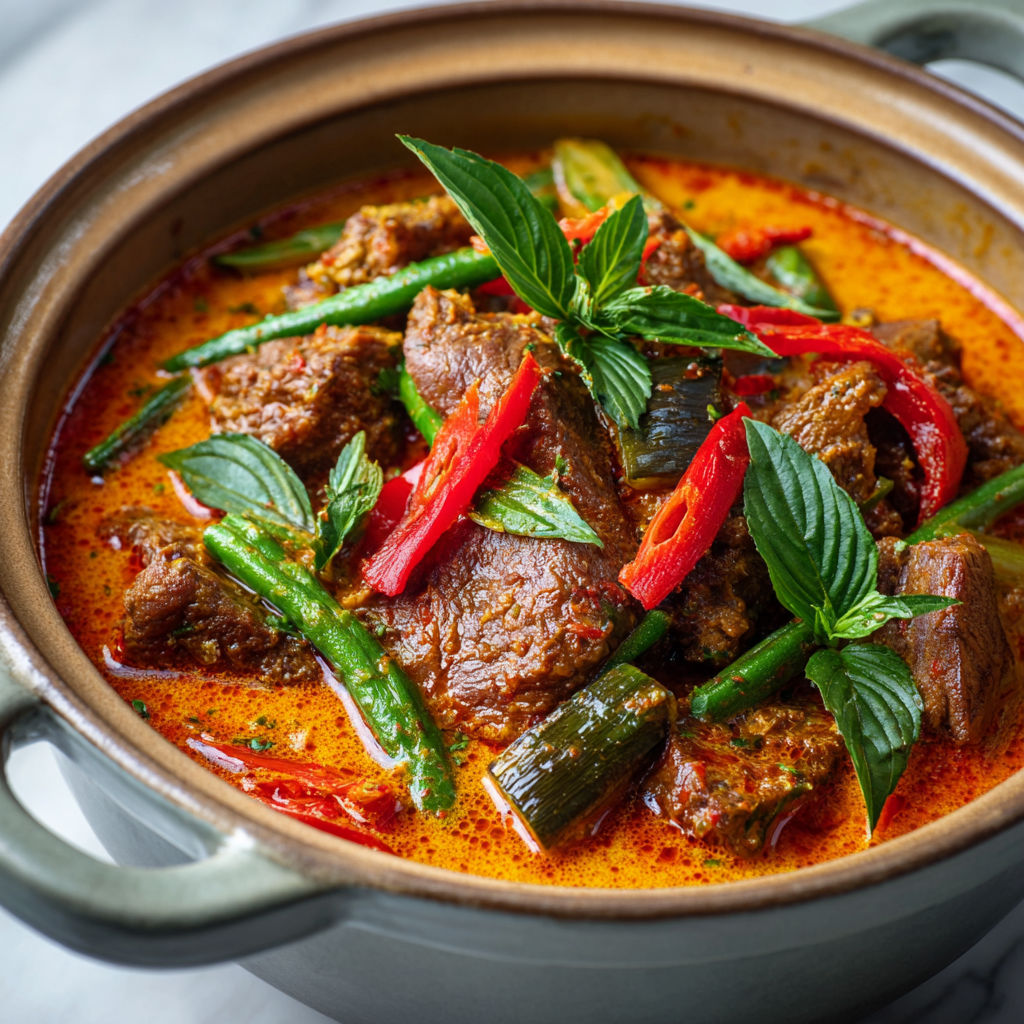 Une recette de Bœuf braisé au cari rouge, mijoté longuement dans une sauce au lait de coco parfumée et épicée.