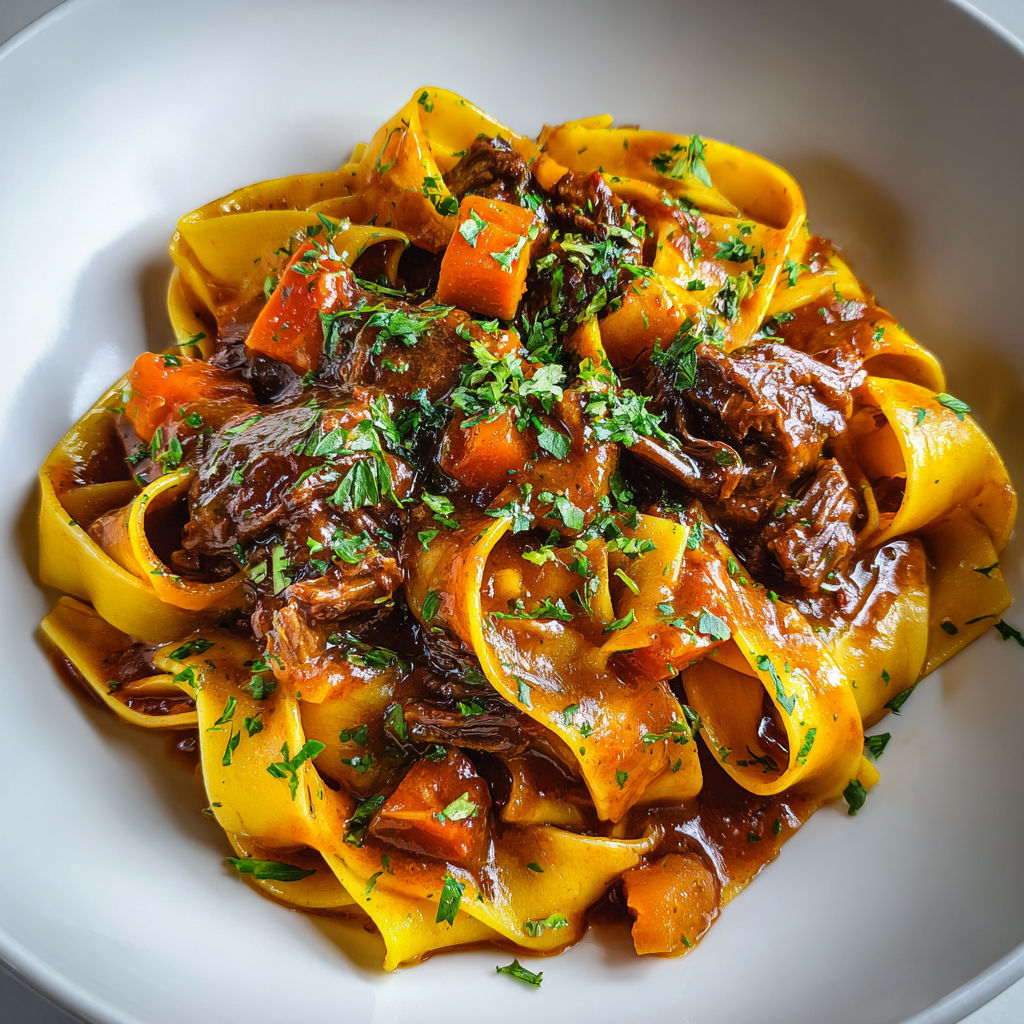 Une assiette de pappardelles au boeuf braisé et à la courge, servie sur un plateau.