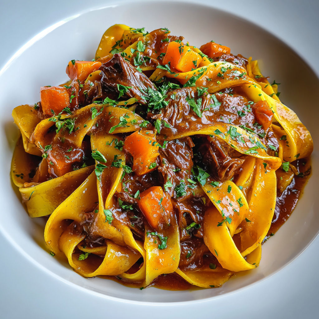 Une assiette de pappardelles au boeuf braisé et à la courge, servie sur un plateau.