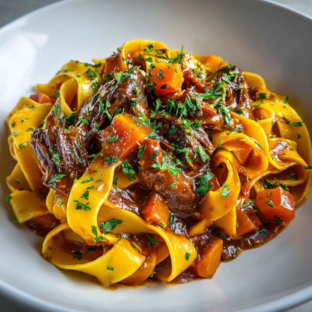 Une assiette de pappardelles au boeuf braisé et à la courge, servie sur une table blanche.