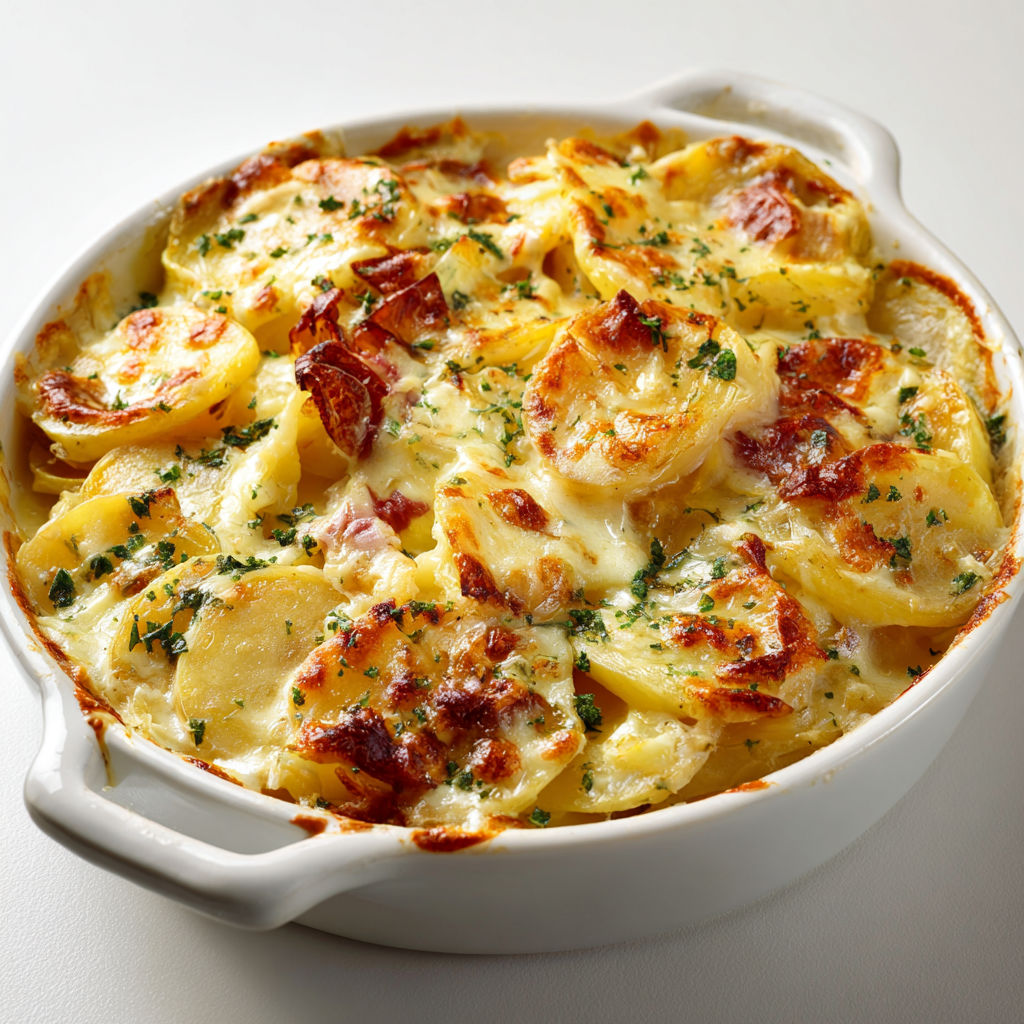 Tartiflette végétarienne au reblochon, plat gourmand et crémeux aux pommes de terre moelleuses et herbes fraîches.