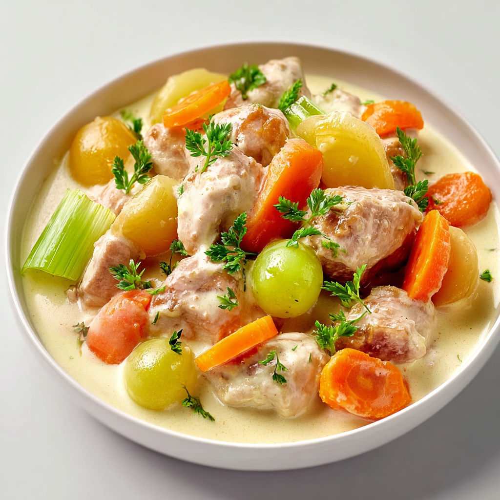 Une assiette de blanquette de veau avec des légumes et des herbes.