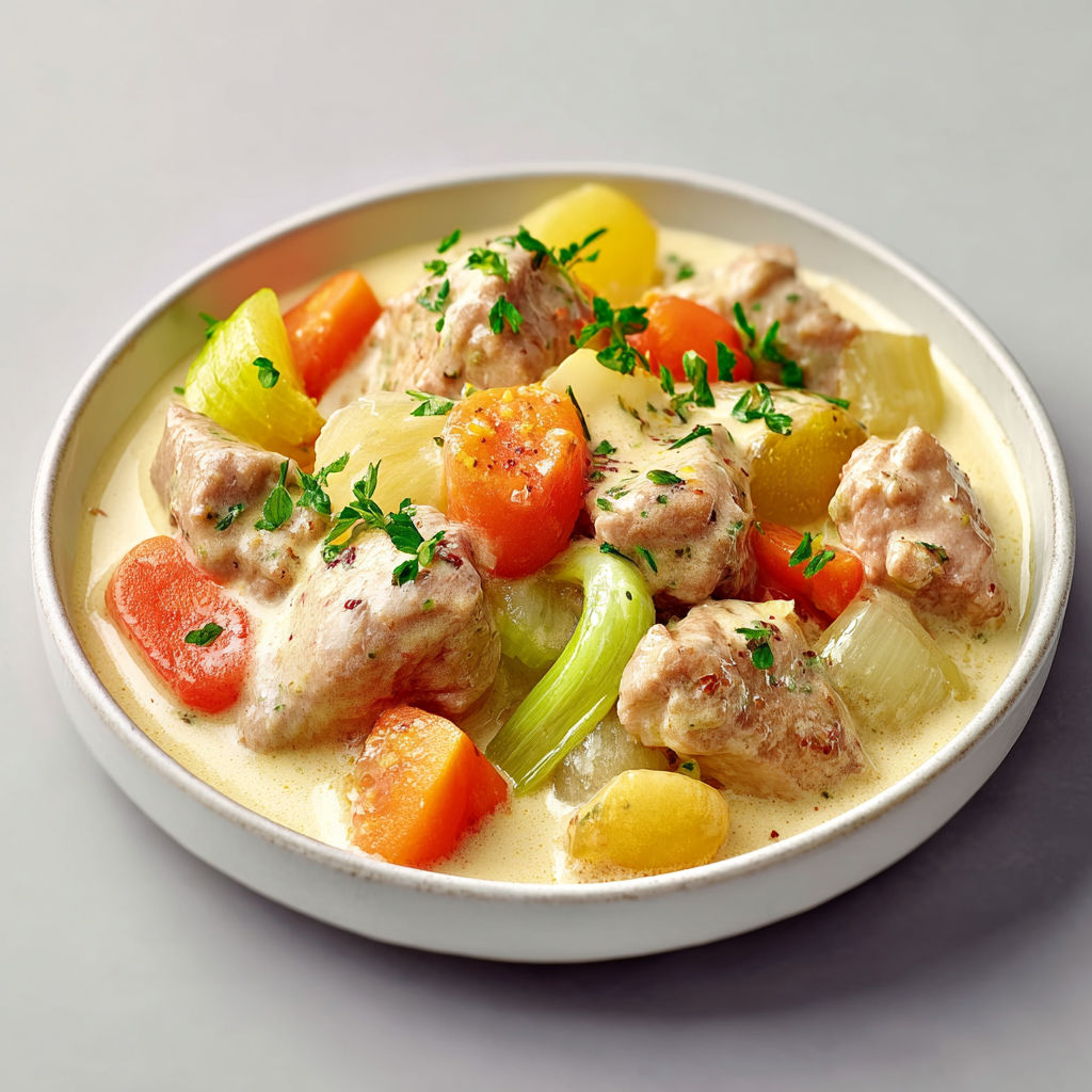 Blanquette de veau traditionnelle revisitée, fondante et onctueuse, aux arômes subtils de vanille et légumes mijotés.