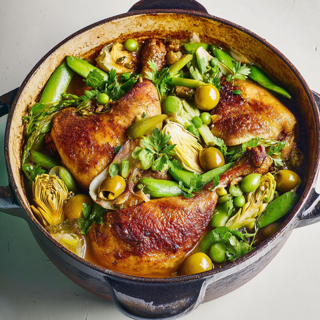 Tajine de pintade aux légumes de printemps, mijoté avec des épices marocaines et des légumes tendres et parfumés.