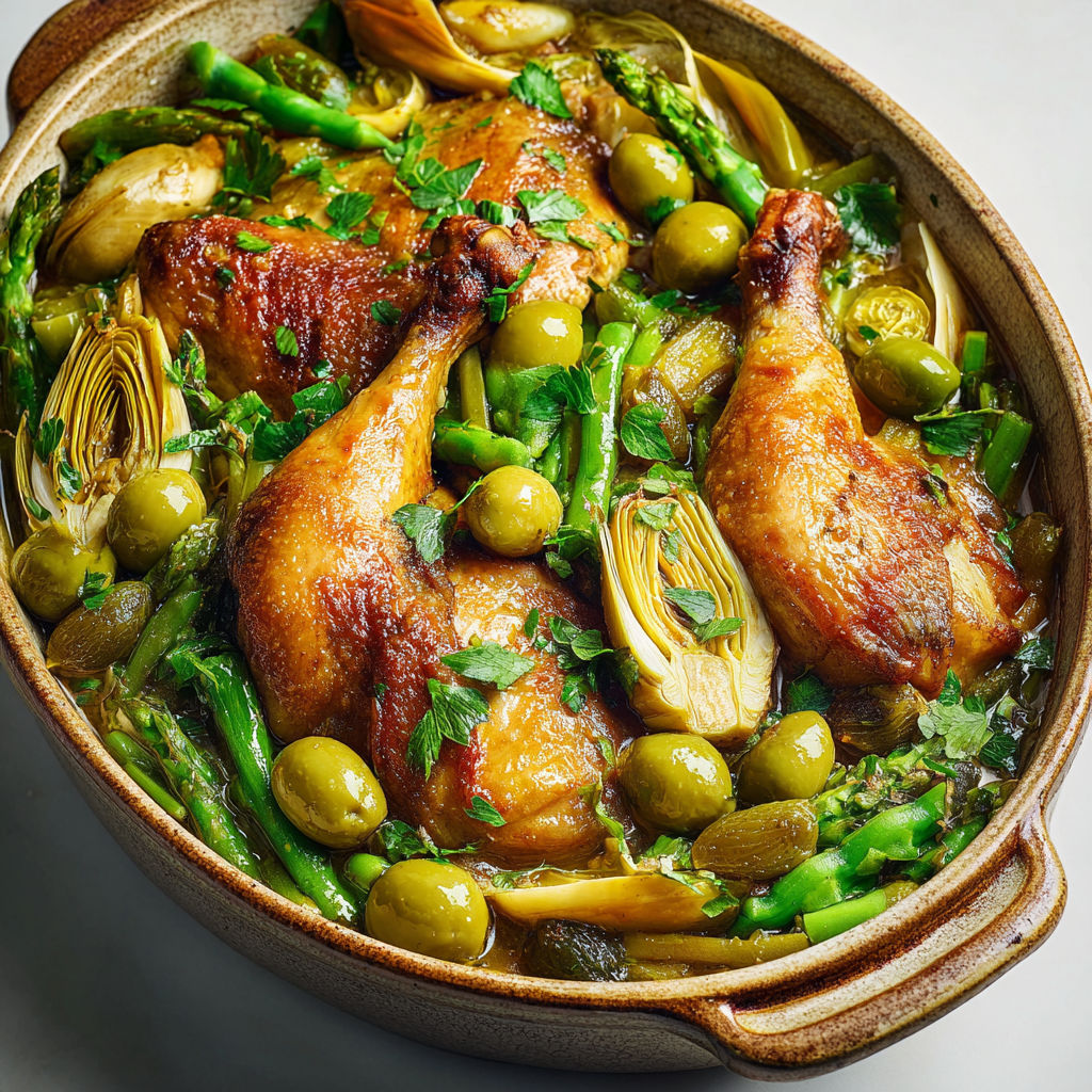 Tajine généreux et aromatique, relevé au ras el-hanout, avec olives, herbes fraîches et sauce délicatement épicée.