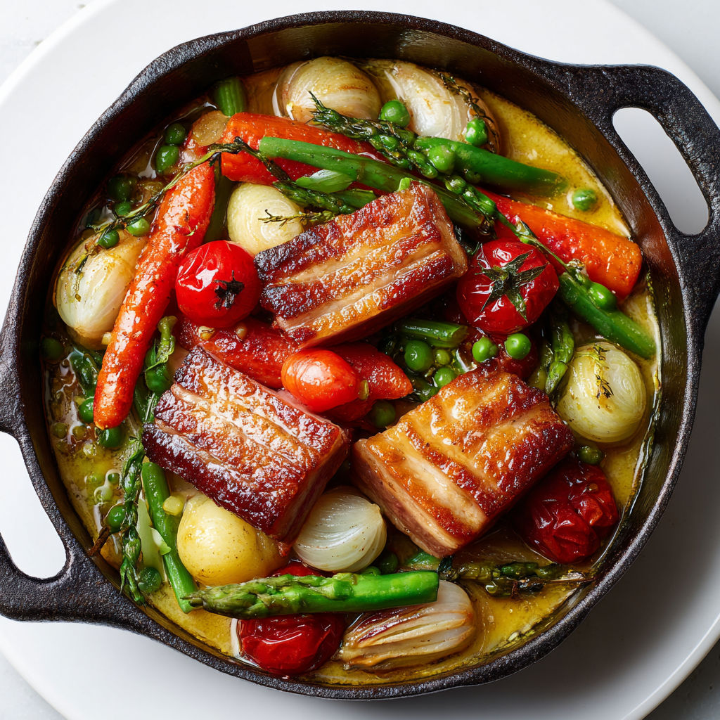 Plat en cocotte traditionnel, associant légumes de saison, lard fondant et sauce légèrement crémeuse et sucrée.